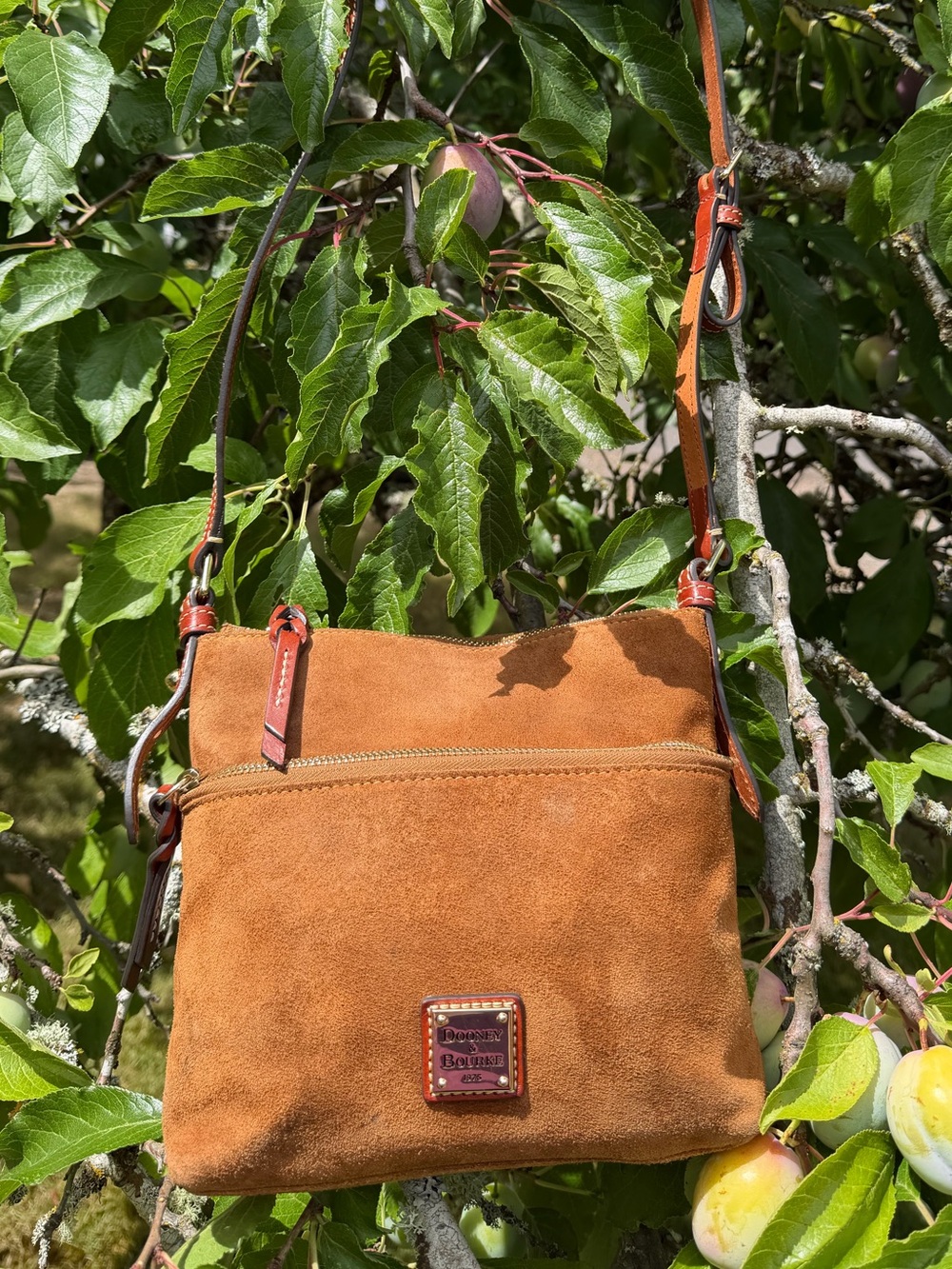 Dooney & Bourke Suede Letter Carrier Crossbody Bag in Amber